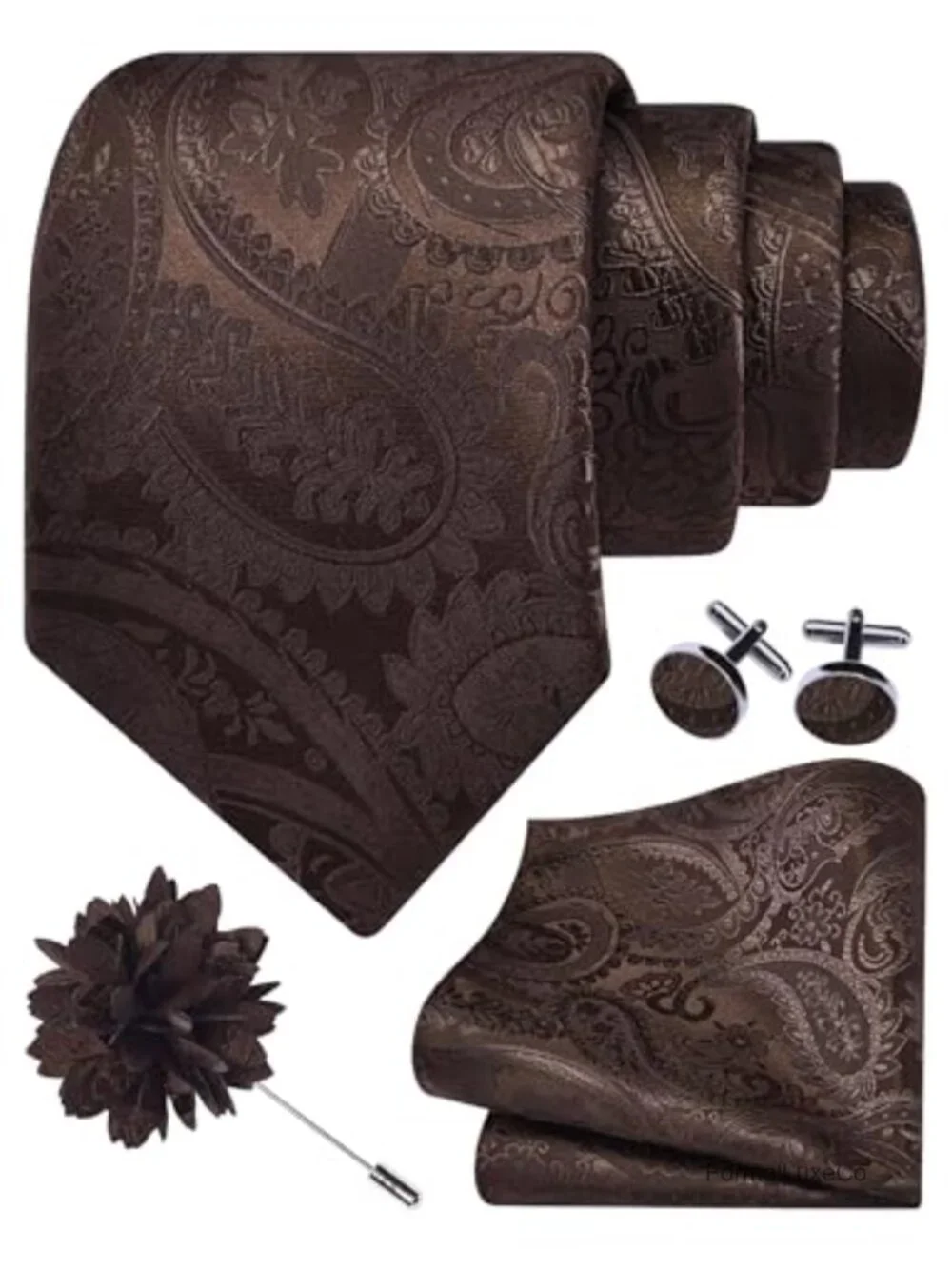 Paisley Tie Set with Cufflinks and Lapel Pin - Silk Blend, 4 Pieces